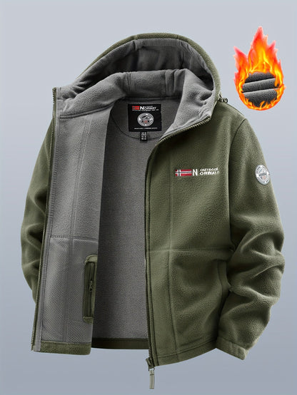 Chaqueta polar de exterior para hombre con capucha – Forro cálido, cierre de cremallera, bolsillo en el pecho