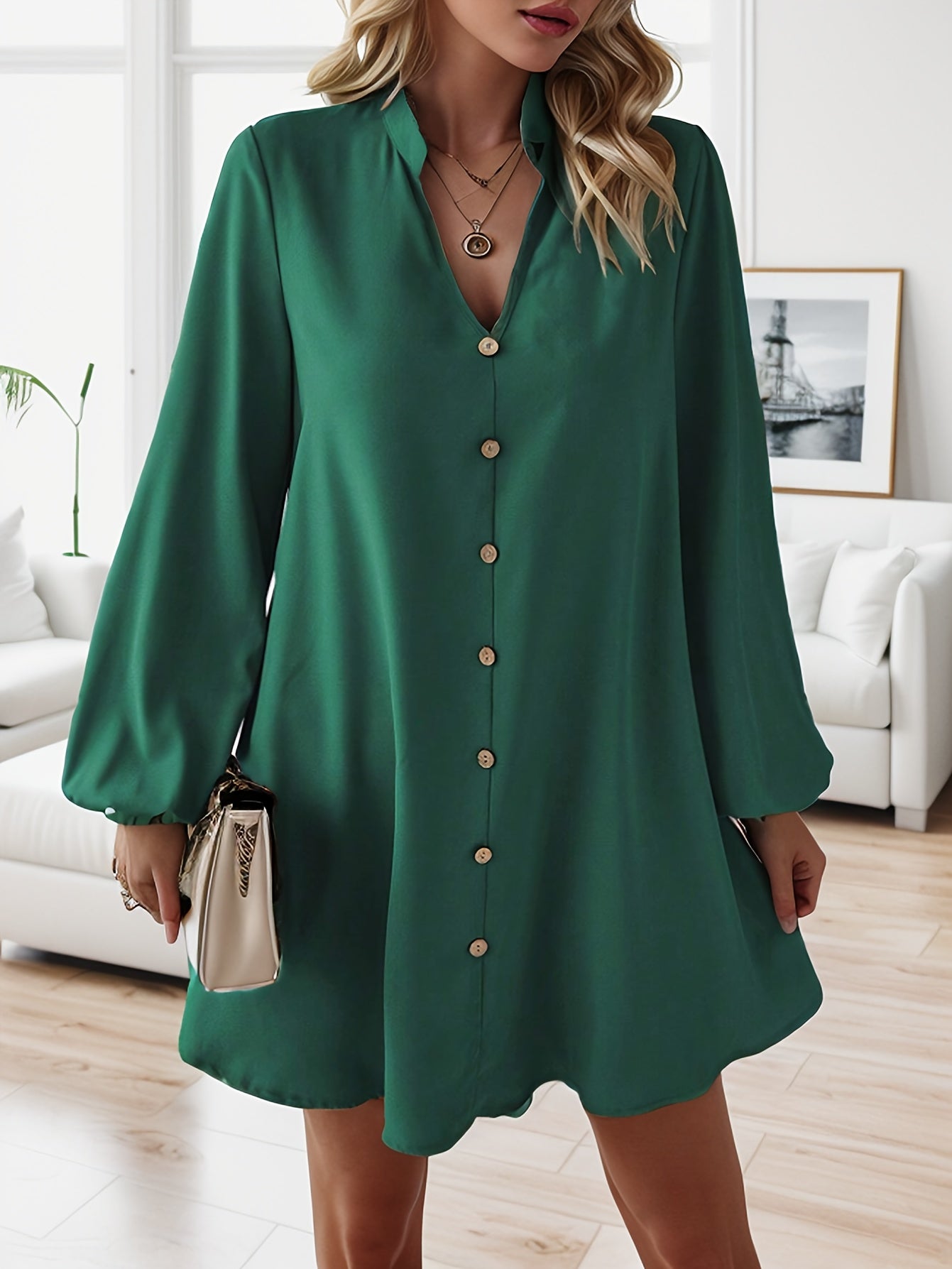 Damen Elegantes Freizeitkleid mit Knopfleiste und V-Ausschnitt – Lockerer Schnitt für Alltag und Büro
