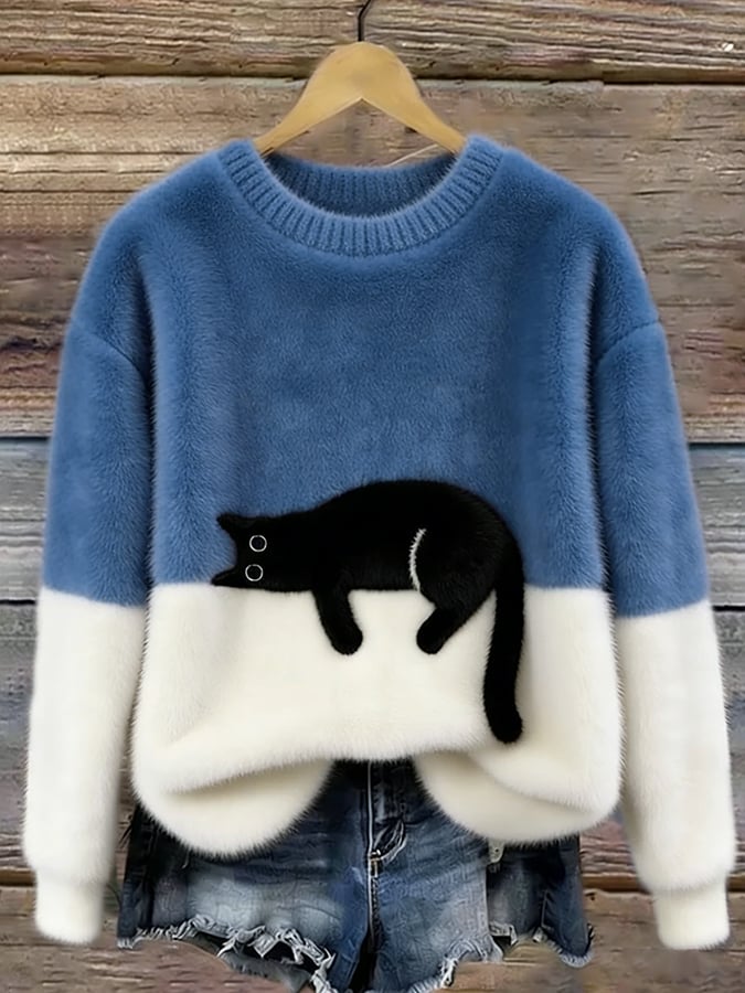 Oversized trui voor dames met colorblock-design en kattenmotief