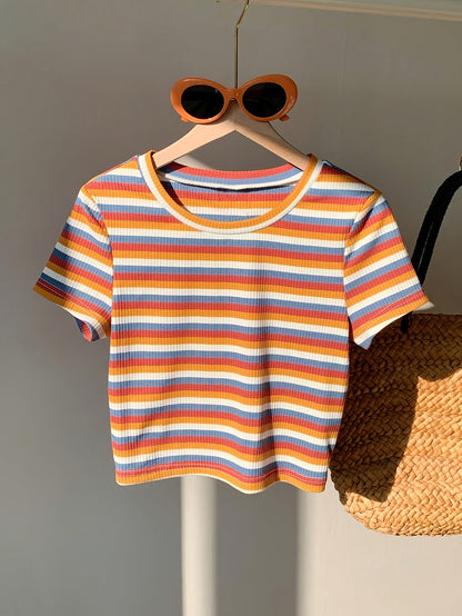 T-shirt donna a maniche corte in maglia a coste con motivo a righe retrò – tempo libero & estate