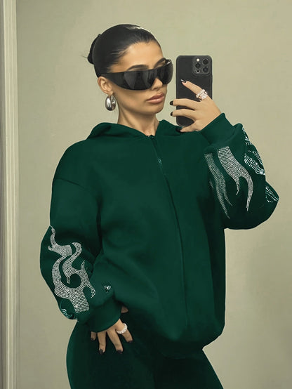 Hoodie met capuchon en strass-vlammenpatroon, zwart