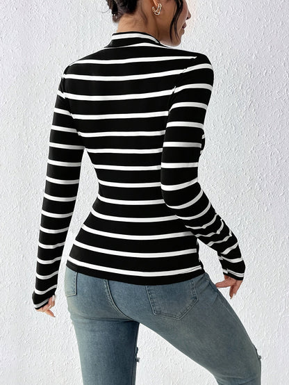 Damen Langarmshirt gestreift Rollkragen weiß-schwarz schmal geschnitten