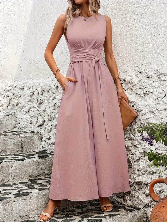 Mono sin mangas para mujer con cinturón de lazo y pierna ancha – Estilo casual elegante para primavera y verano