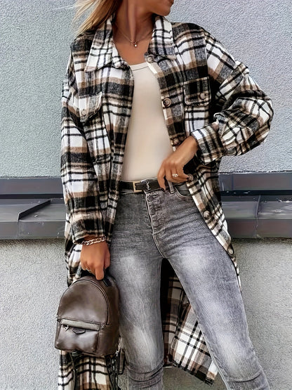 Camicia overshirt lunga da donna a quadri in stile casual per primavera e autunno