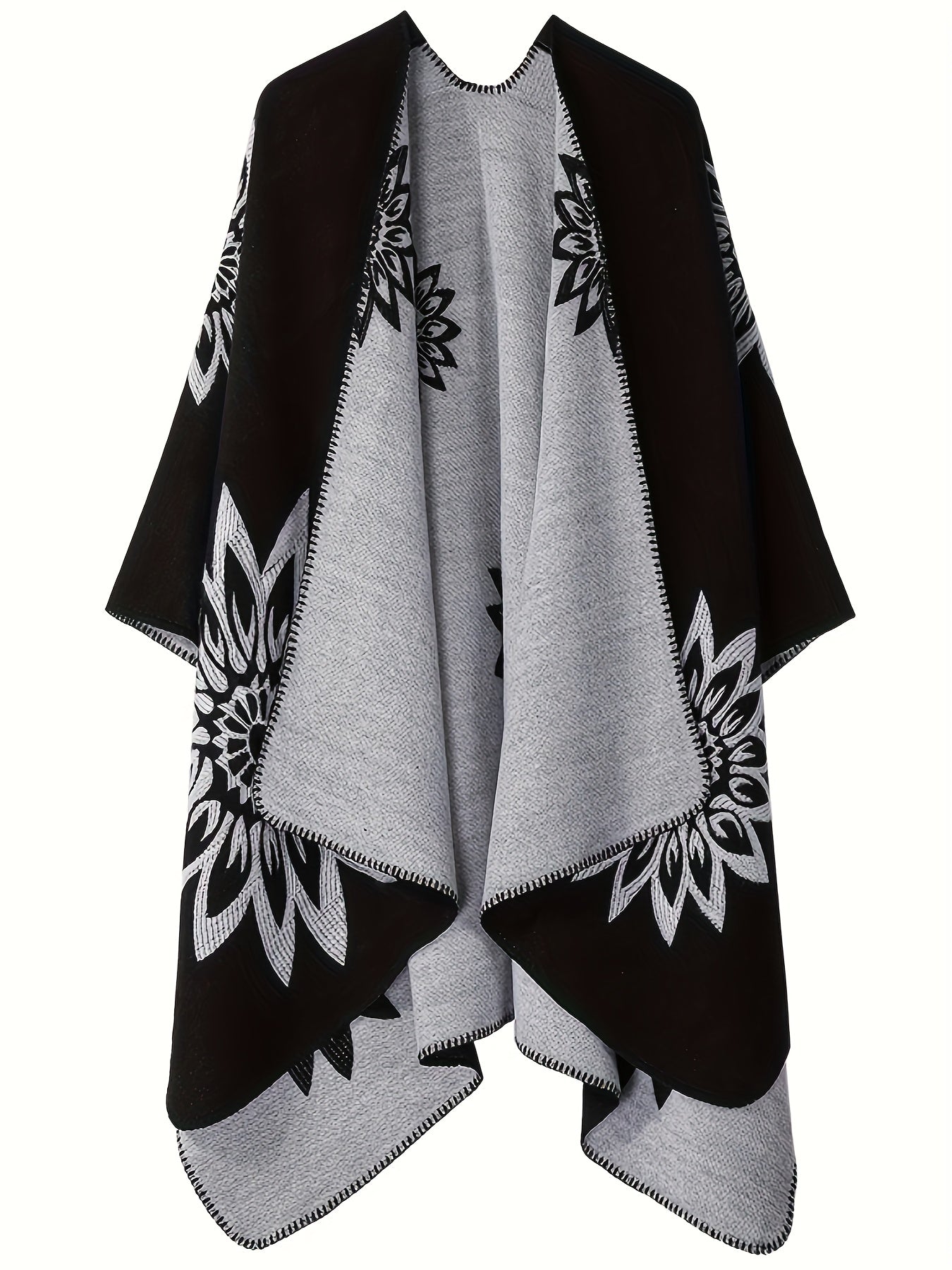 Poncho-omslag met bloemenpatroon, open voorkant, omkeerbaar, zwart-wit