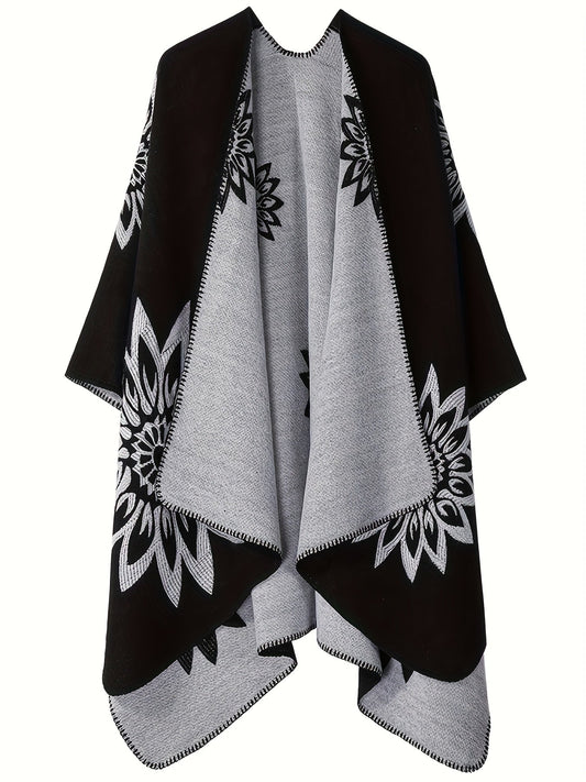 Poncho Umhang mit Blumenmuster, Offene Vorderseite, Reversibel, Schwarz-Weiß