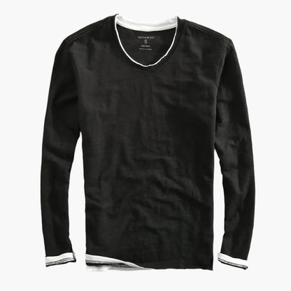 Maglia a maniche lunghe da uomo con effetto a strati e scollo a V – Maglia casual moderna per tutti i giorni