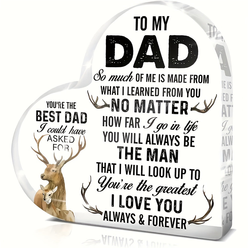 Hartvormig premium acrylbord voor mannen – decoratief cadeau voor papa met inspirerende boodschap en hertmotief, tafeldecoratie Vaderdag & verjaardag
