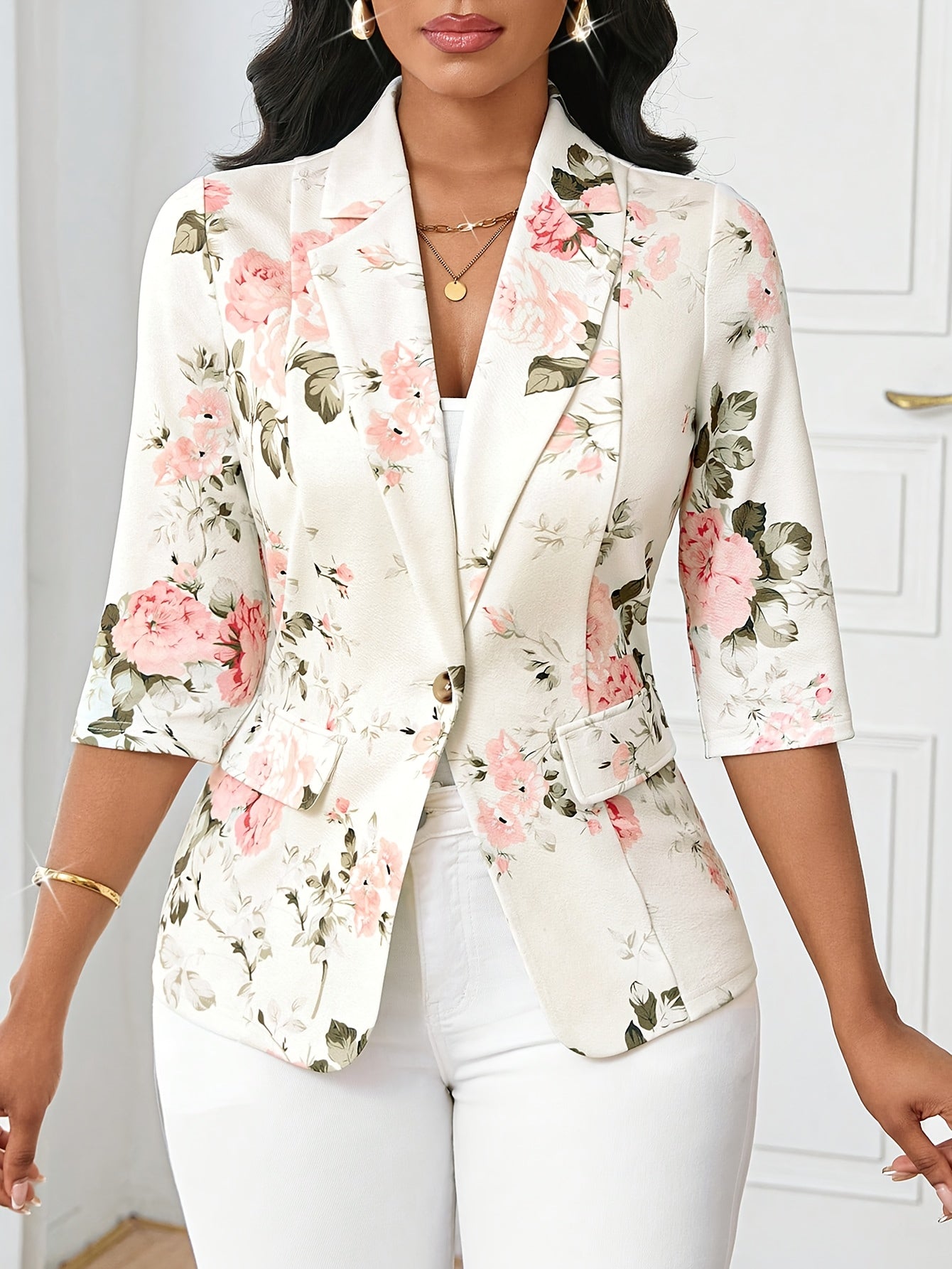 Dames Elegante Blazer met Bloemenpatroon en 3/4 Mouwen – Perfect voor Kantoor en Vrije Tijd