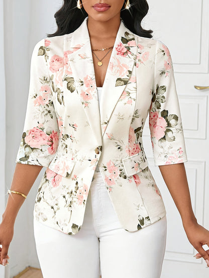 Dames Elegante Blazer met Bloemenpatroon en 3/4 Mouwen – Perfect voor Kantoor en Vrije Tijd