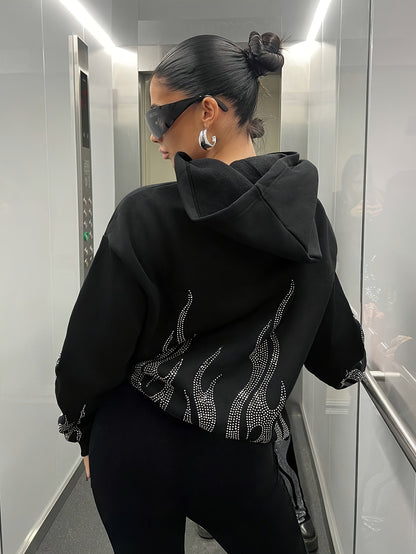 Hoodie met capuchon en strass-vlammenpatroon, zwart