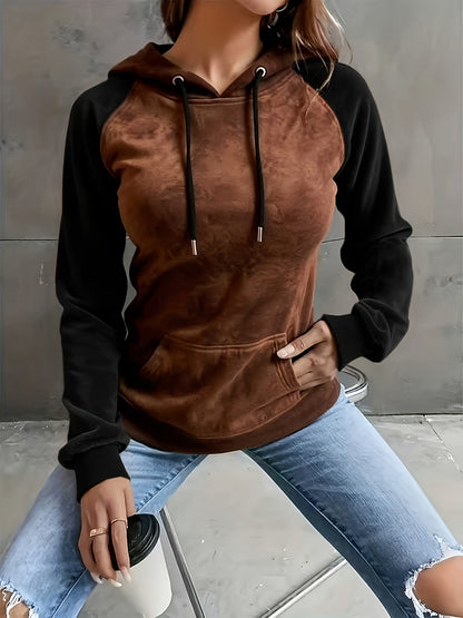 Hoodie Raglan Zweifarbig Braun Schwarz Damen Kapuzenpullover Kängurutasche