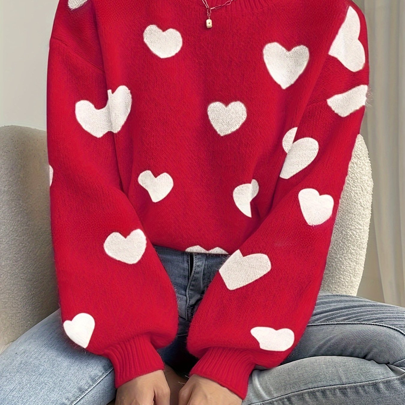 Maglione da donna lavorato a maglia, vestibilità morbida, motivo a cuore, girocollo, bianco e beige