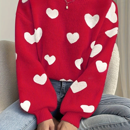 Maglione da donna lavorato a maglia, vestibilità morbida, motivo a cuore, girocollo, bianco e beige