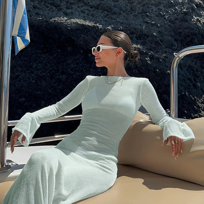 Abito maxi da spiaggia da donna con maniche lunghe, look elegante per vacanze e resort