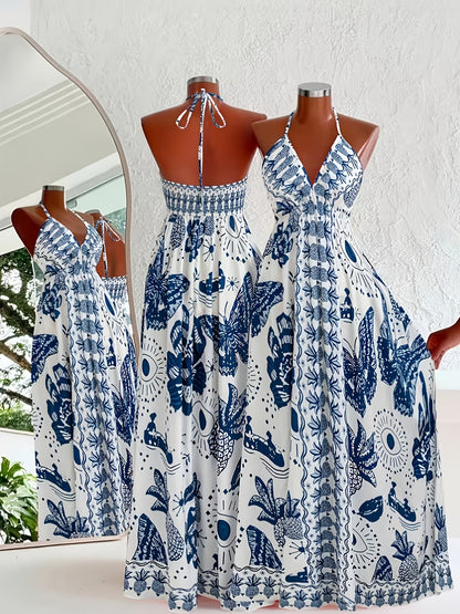 Damen Boho Maxikleid mit Halterneck und Blumenprint – Perfekt für Urlaub und Sommerfeste