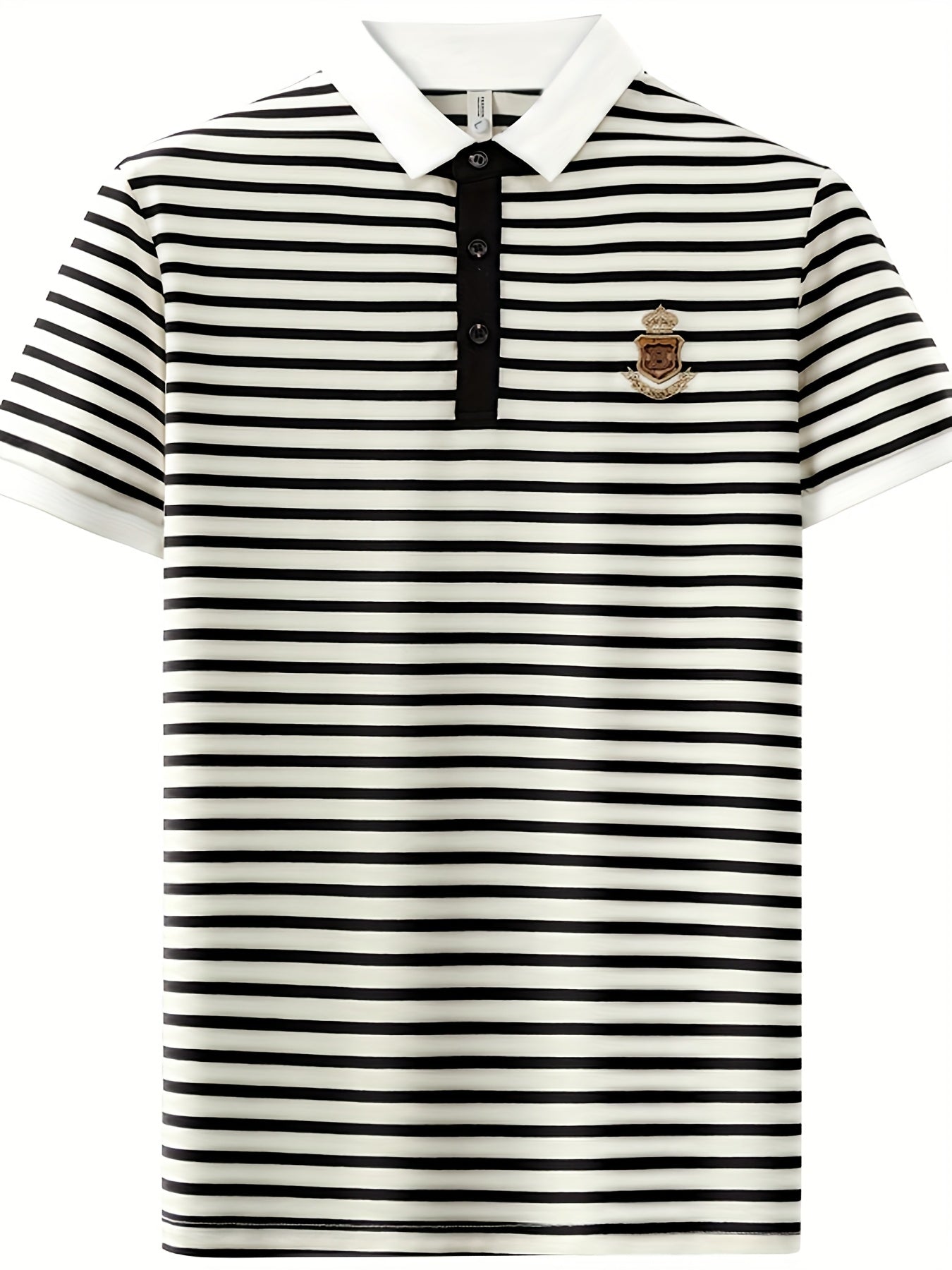 Męska koszulka polo w paski z emblematem na piersi – klasyczna, z krótkim rękawem, styl smart casual