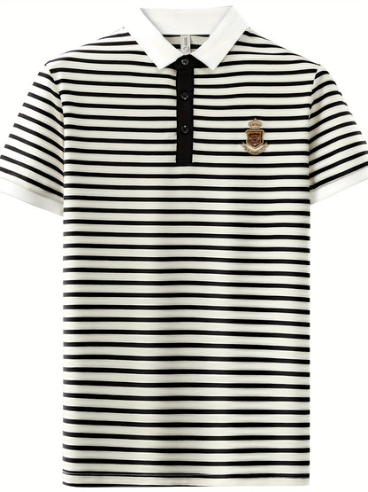 Męska koszulka polo w paski z emblematem na piersi – klasyczna, z krótkim rękawem, styl smart casual