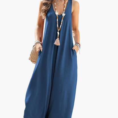 Mono ancho de mujer con escote en V y bolsillos – Mono veraniego casual para el día a día y vacaciones