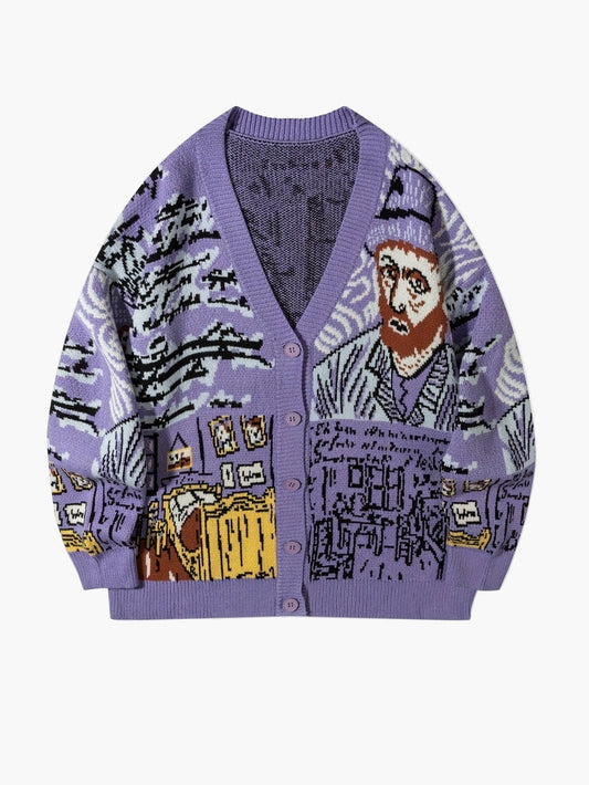 Herre strikcardigan i kunststil med Van Gogh-motiv – afslappet mode til efterår og vinter