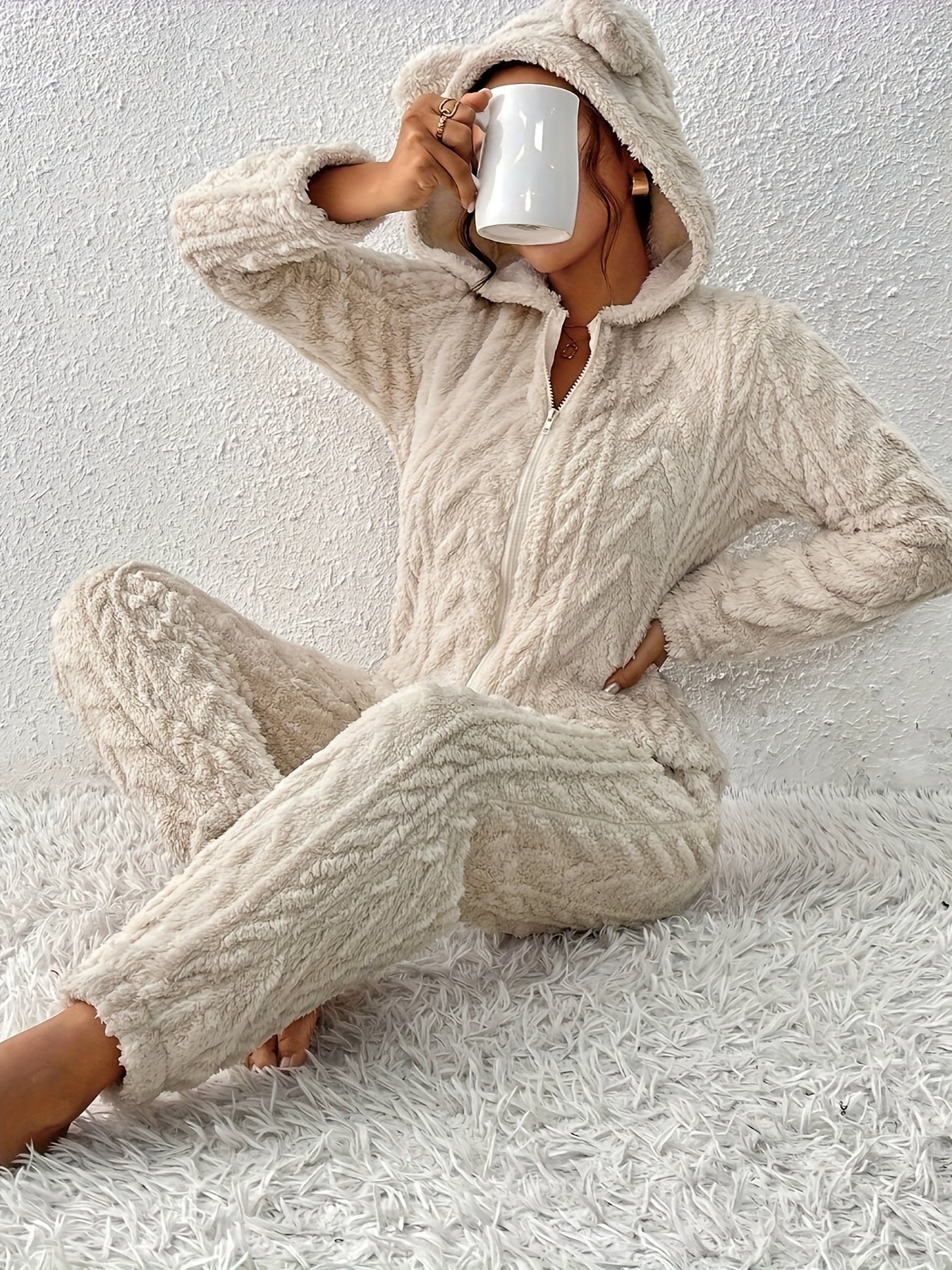 Damen Loungewear Overall Plüsch mit Kapuze und Reißverschluss