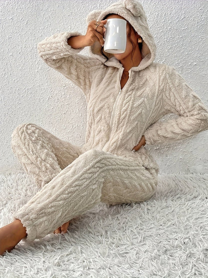 Damen Loungewear Overall Plüsch mit Kapuze und Reißverschluss