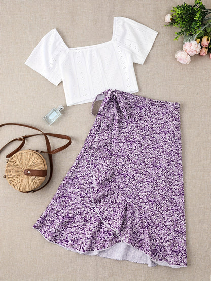 Conjunto de dos piezas para mujer – Look veraniego y coqueto con blusa y falda cruzada con estampado floral, ideal para tiempo libre y vacaciones