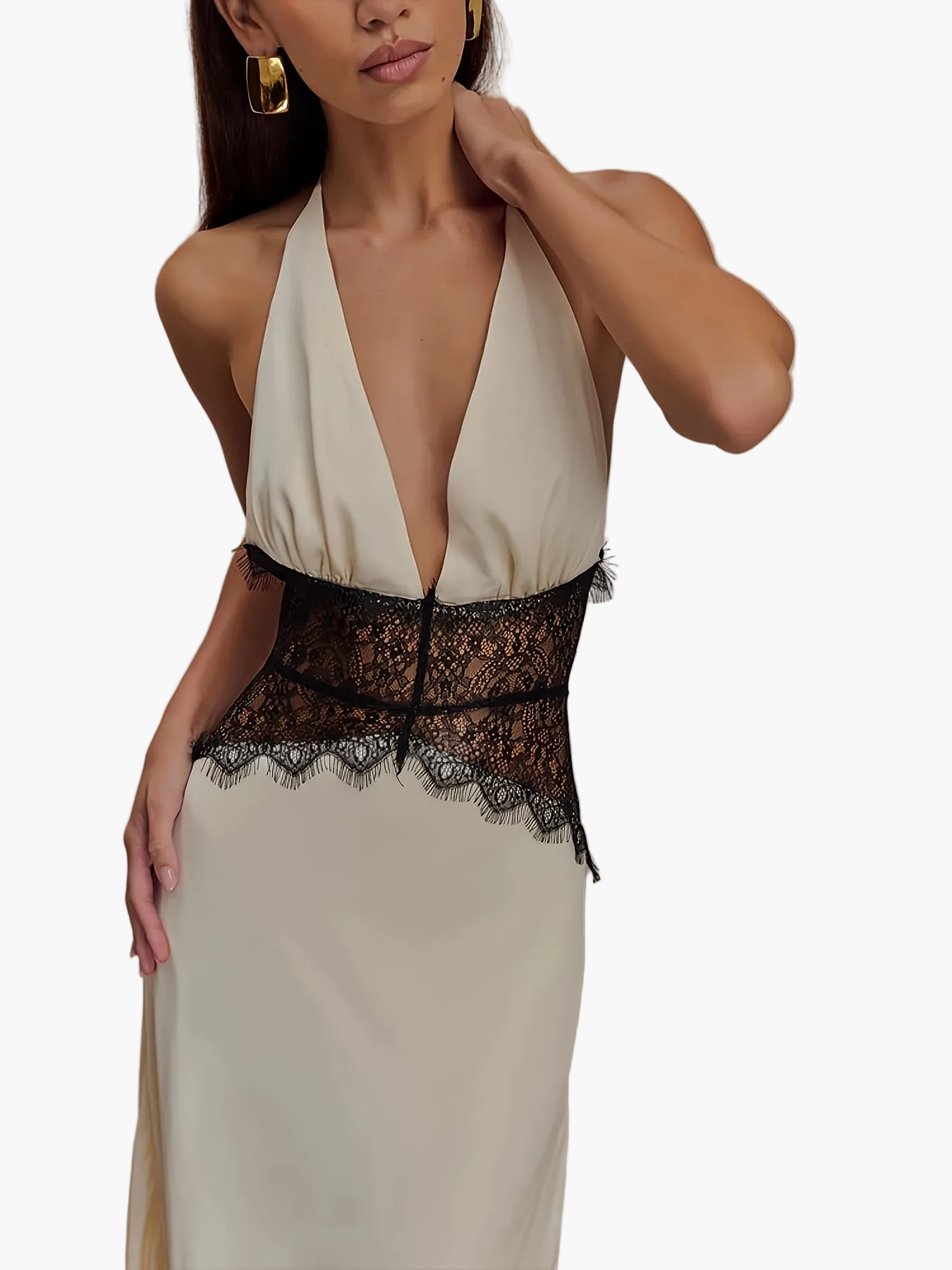 Vestido de noche elegante para mujer, corte ajustado y acampanado con encaje y escote en V profundo para ocasiones festivas