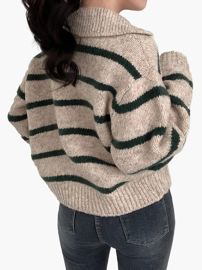 Damen Strickpullover mit Streifen und Kragen – Eleganter Freizeit-Look für Herbst und Winter