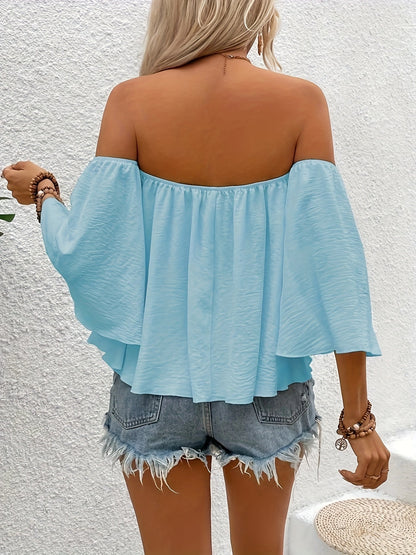 Damska bluzka z odkrytymi ramionami w stylu boho – luźny krój, letnia, elegancka na wakacje i czas wolny