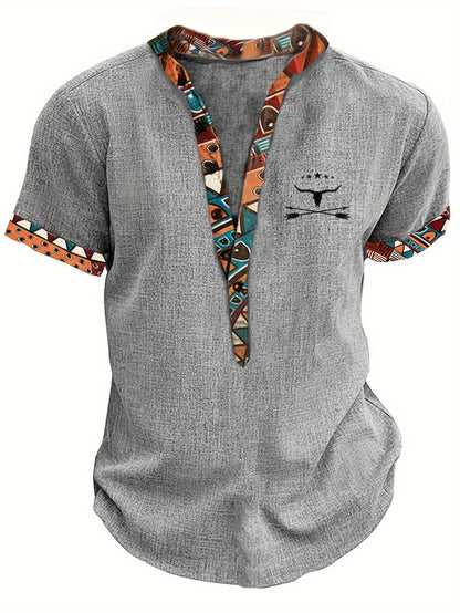 Chemise décontractée homme à manches courtes style ethnique avec motif tribal et col en V