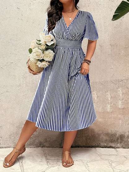 Robe midi élégante rayée pour femme avec décolleté en V et taille froncée – Parfaite pour le quotidien et les occasions spéciales