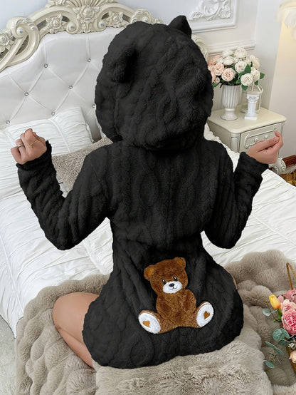 Teddybjørnepyjamas til damer i ét stykke med hætte og lynlås, hvid/sort