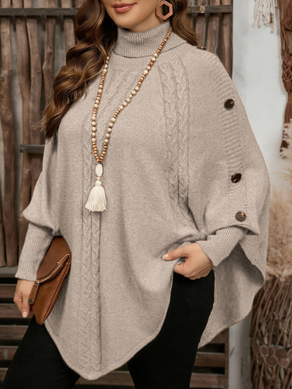 Poncho da donna, pullover a collo alto in maglia, casual, con bottoni e motivo a trecce