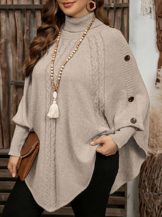 Damen Poncho Pullover Rollkragen Strick Casual Knöpfe Zopfmuster