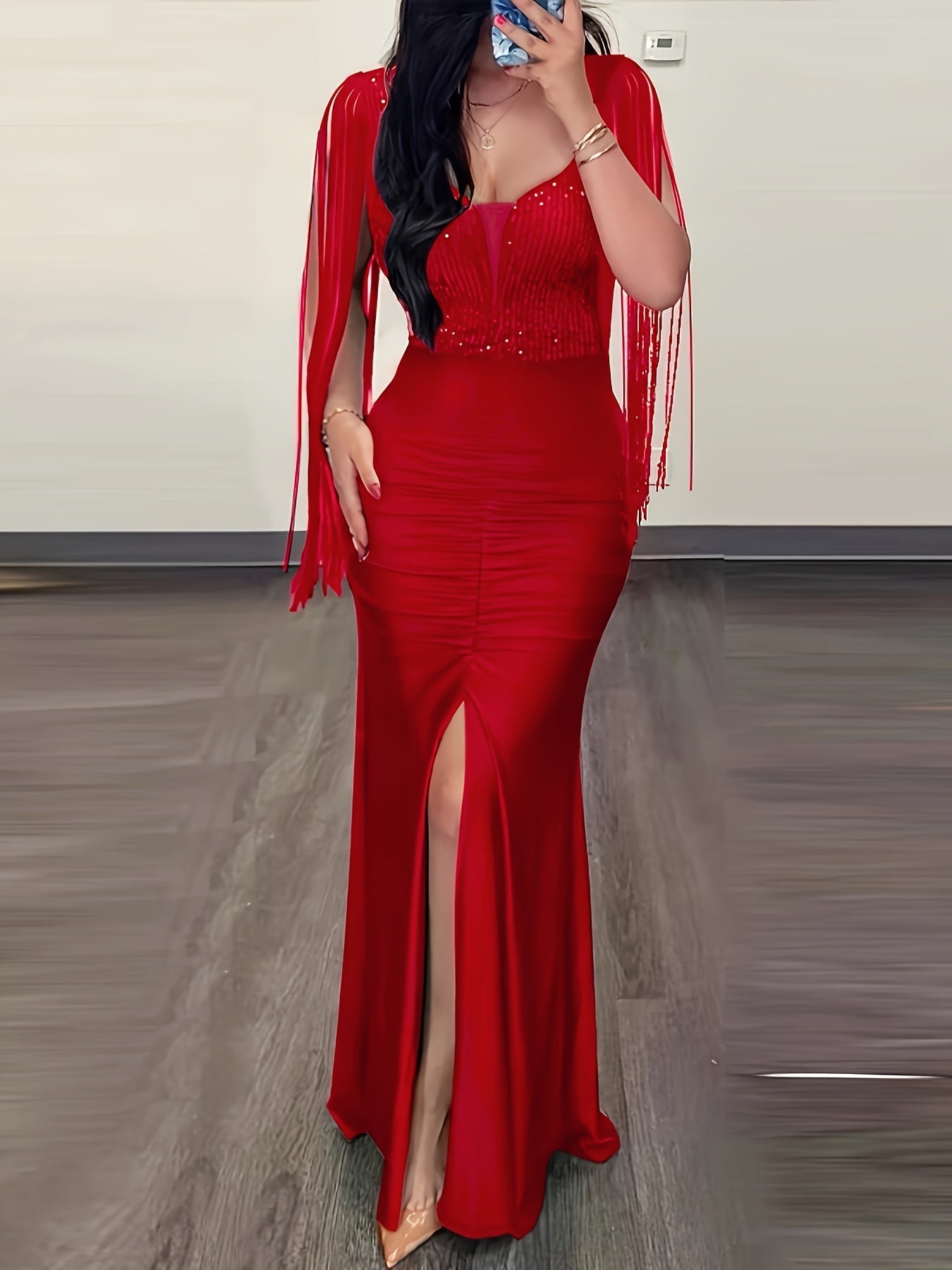 Vestido de noche elegante para mujer, ajustado, con flecos y abertura – Perfecto para ocasiones especiales