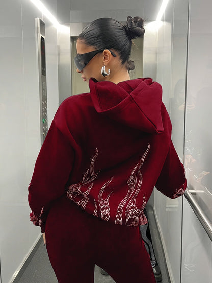 Hoodie met capuchon en strass-vlammenpatroon, zwart