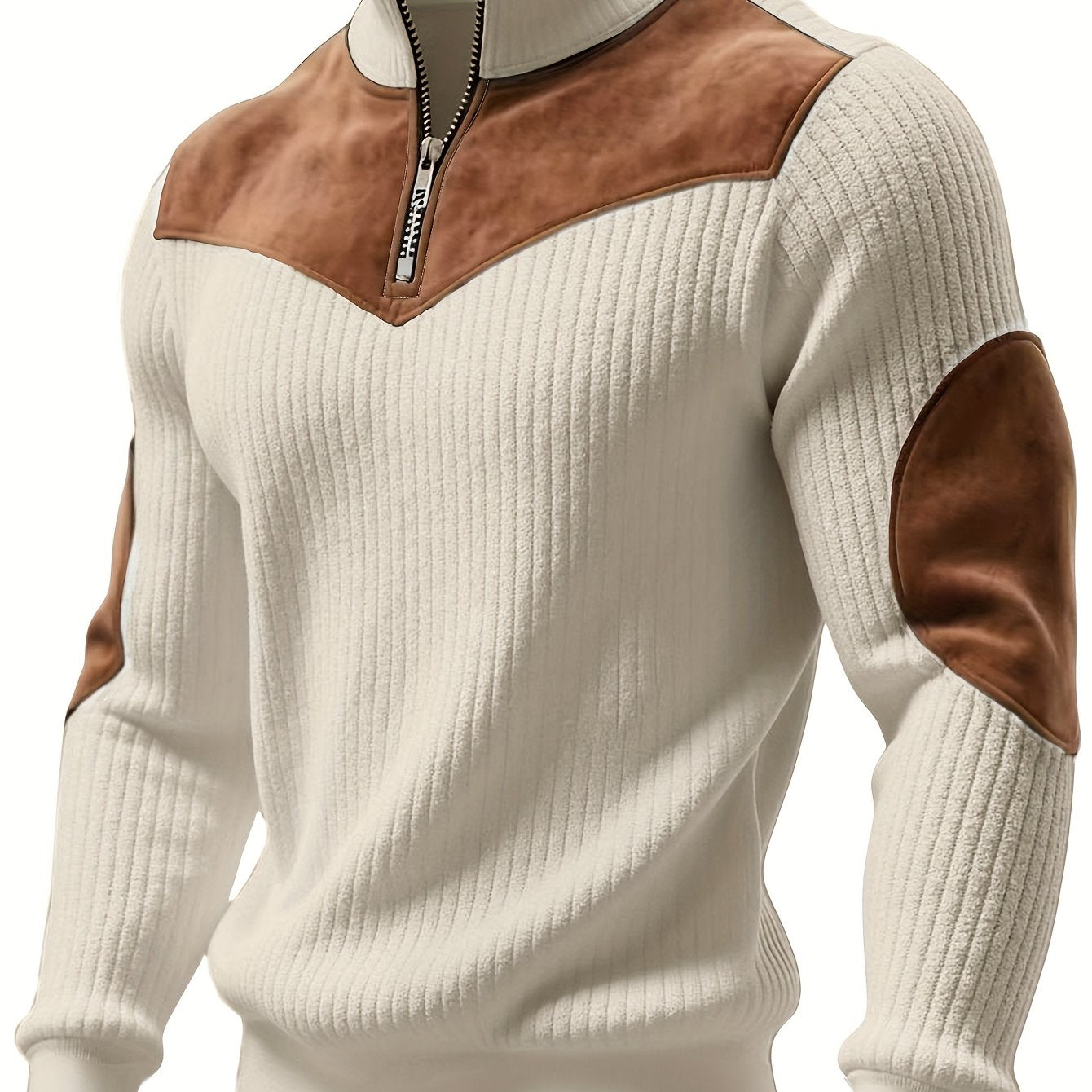 Herren Rippstrick Pullover mit Reißverschluss Stehkragen und Patches