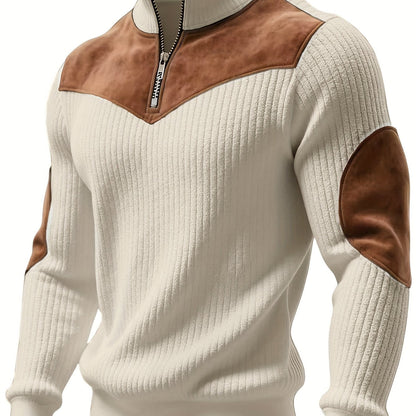 Herren Rippstrick Pullover mit Reißverschluss Stehkragen und Patches
