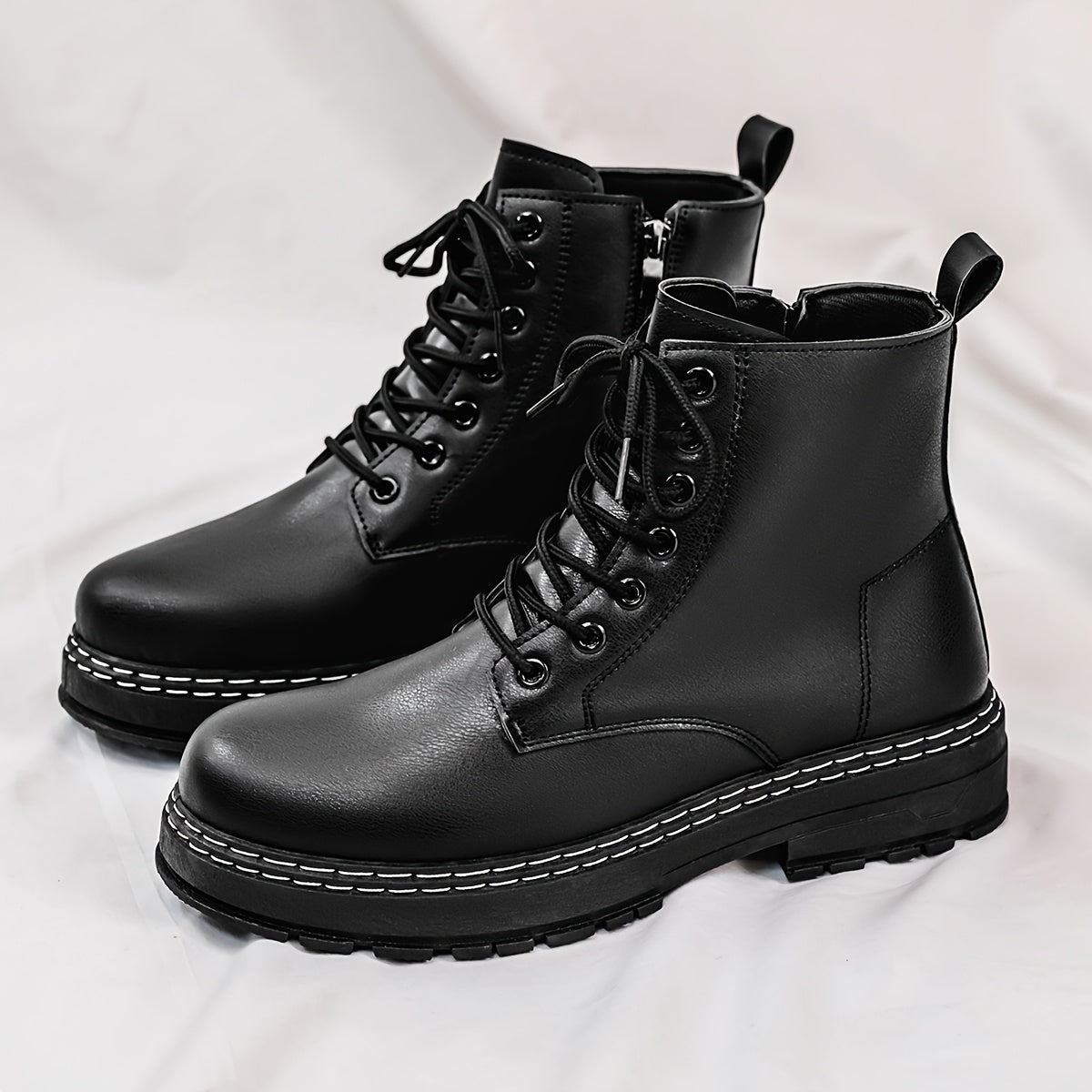 Schwarze Schnürstiefel Herren Robuste Sohle Weiße Naht