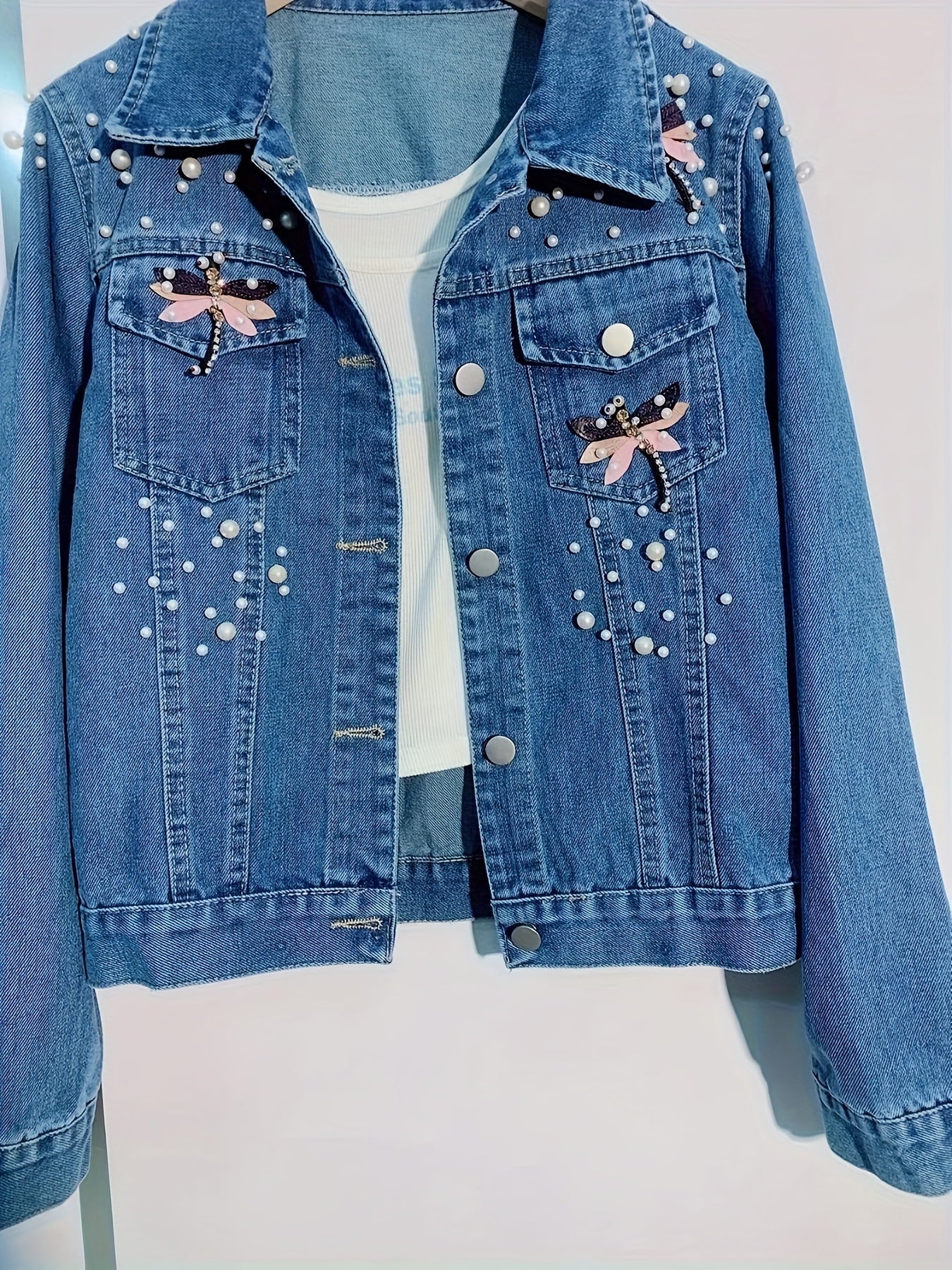 Jeansjacke Damen Blau mit Perlen und Stickerei