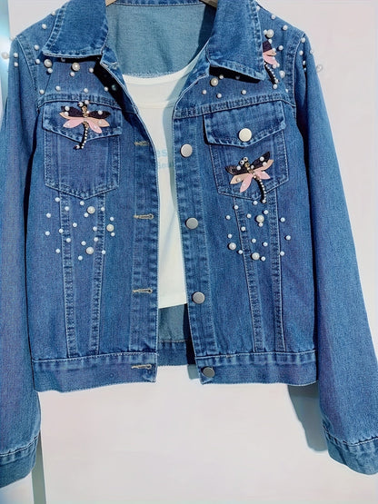Jeansjacke Damen Blau mit Perlen und Stickerei