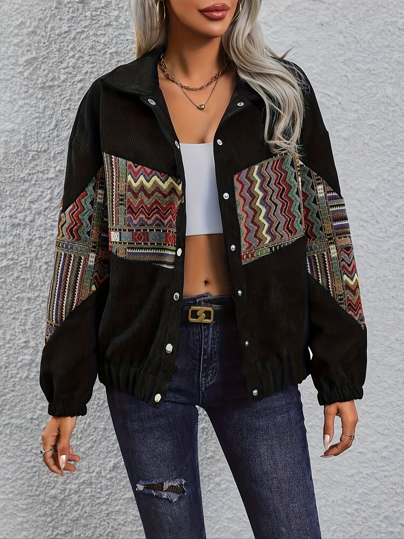 Damen Cordjacke mit ethnischem Patchwork-Muster Schwarz