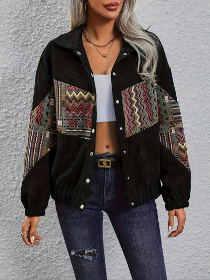 Damen Cordjacke mit ethnischem Patchwork-Muster Schwarz