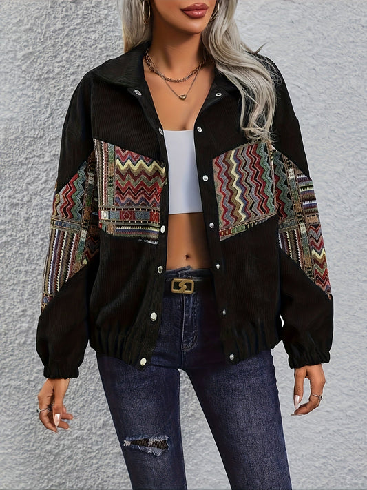 Damen Cordjacke mit ethnischem Patchwork-Muster Schwarz
