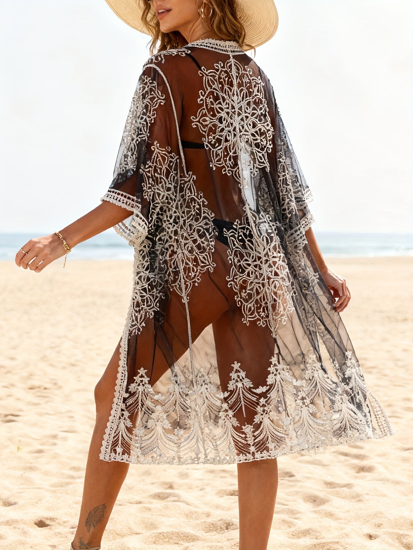 Dame strandkimono brodert boho-stil badetøy cover-up