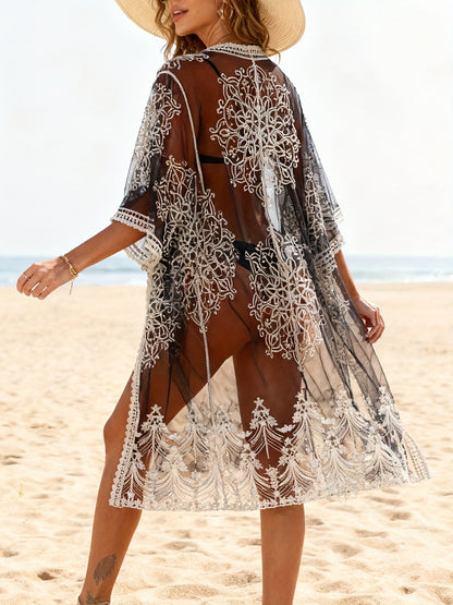 Dame strandkimono brodert boho-stil badetøy cover-up