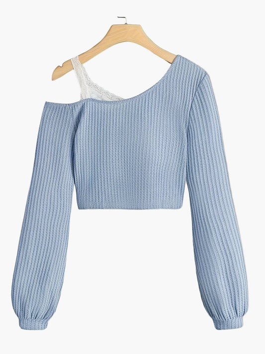 Dam Trendig One-Shoulder Tröja med Spetsdetalj – Moderiktig Fritidsstil