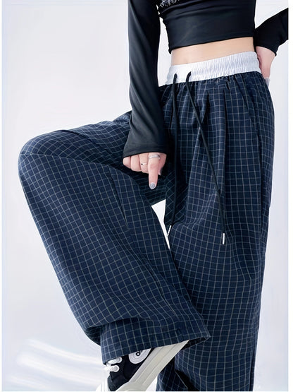 Pantalon large à carreaux pour femme, style décontracté urbain, idéal pour les tenues de week-end