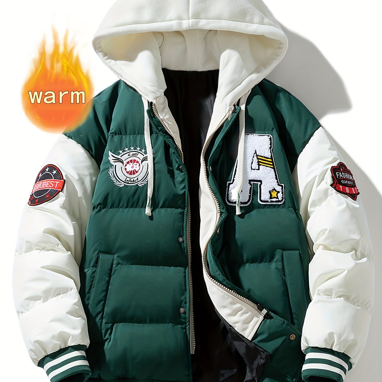 Steppjacke Herren Bomberjacke College-Stil Kapuze Grün